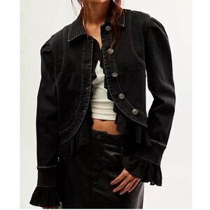 Free People Women’s Sz Medium Suki  Black Denim Ruffle Trim Jacket/Button Front